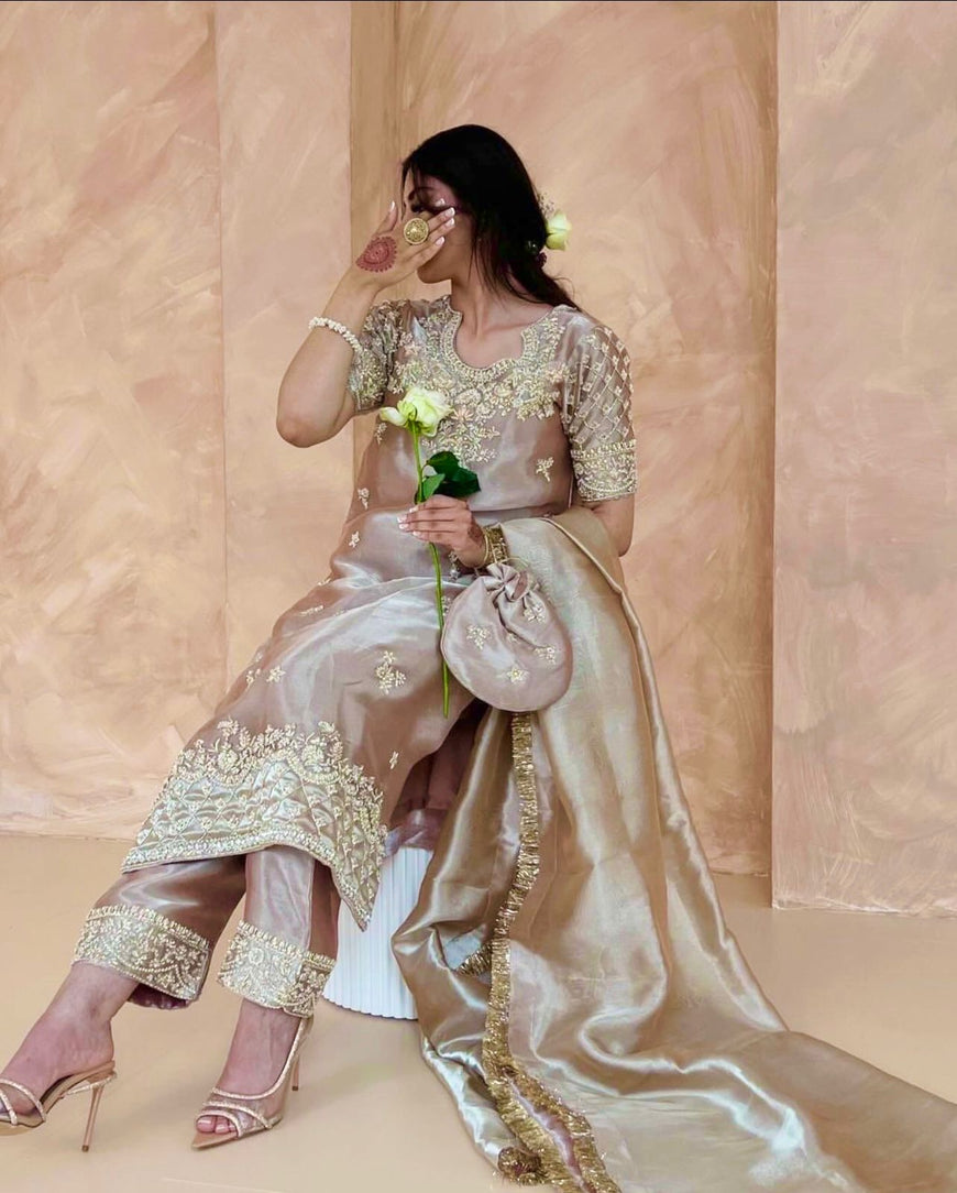 Ready-to-Wear Jimmy Chu Silk Embroidered Top Pant Set with Dupatta