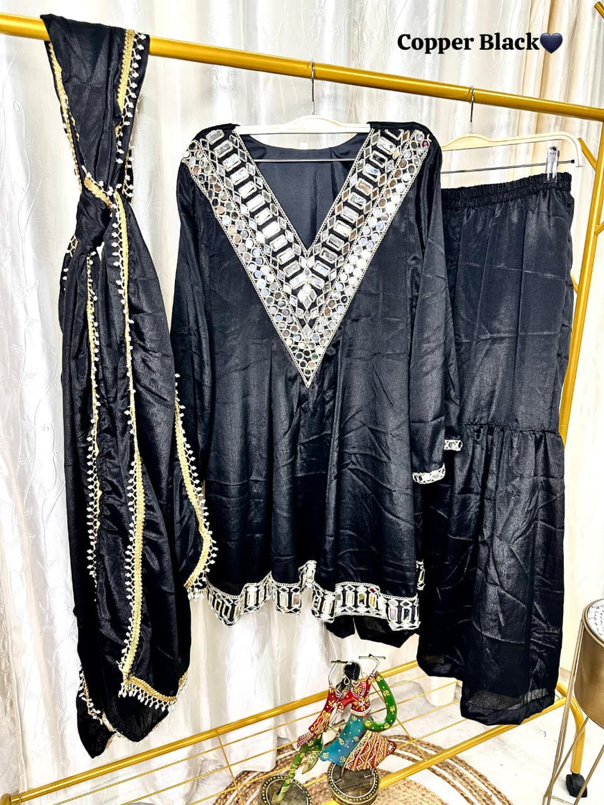 Designer Chinon Silk Peplum Dress with Gharara & Dupatta