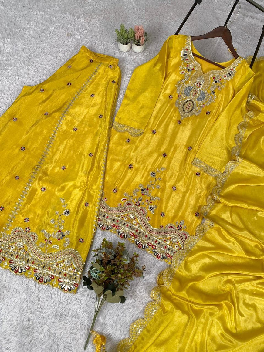 Sequence Embroidered Chinon Top Plazzo Dupatta Set