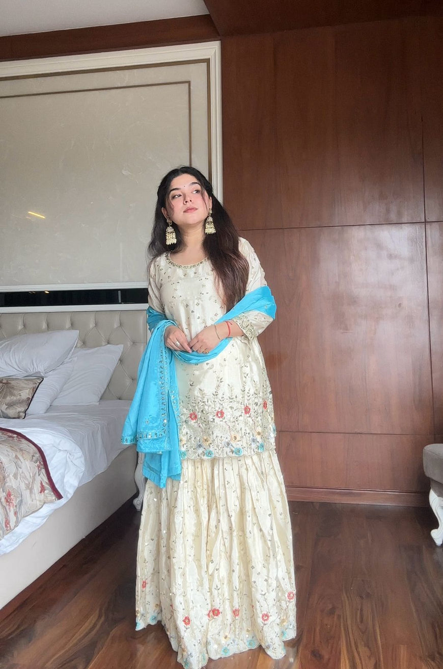 Ivory Chinon Embroidered Sharara Set with Dupatta