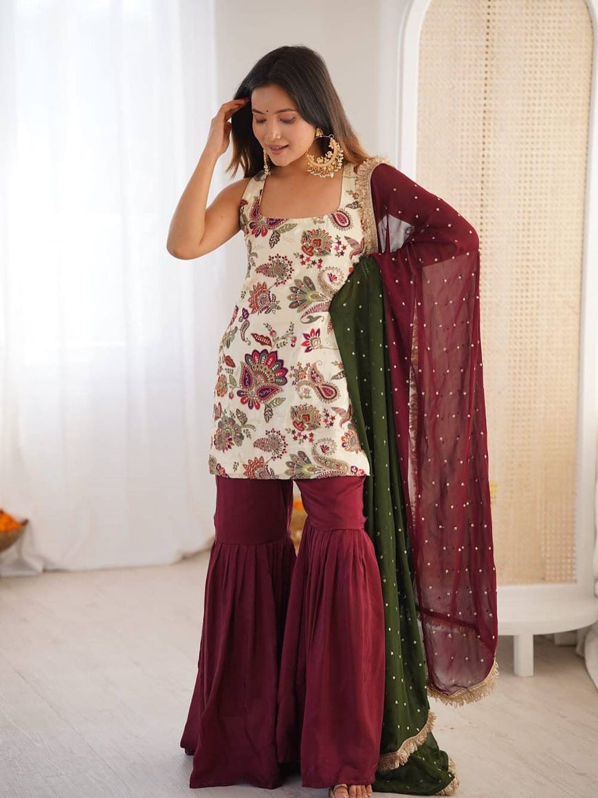 Natural Silk Embroidered Kurti Sharara Set with Dupatta