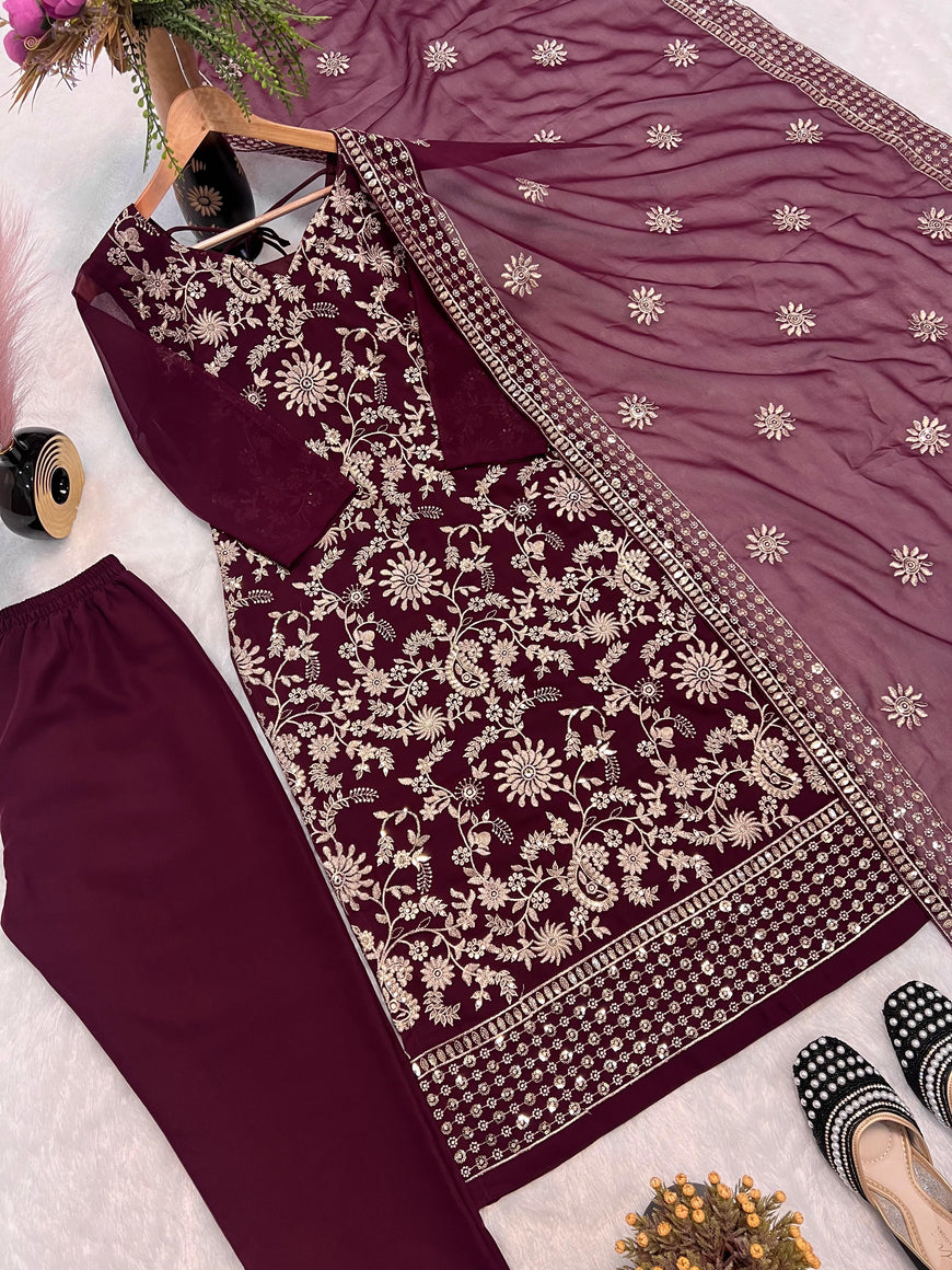 Fancy Faux Georgette Sequence Embroidered Top Pant Set with Dupatta