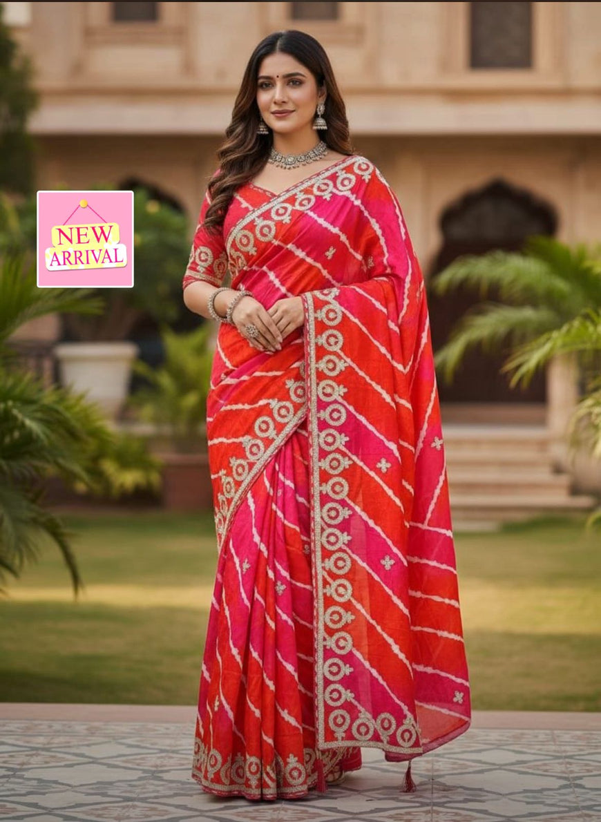 Soft Chinon Silk Lehriya Saree with Gota Work