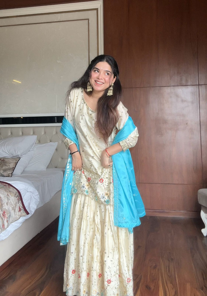 Ivory Chinon Embroidered Sharara Set with Dupatta
