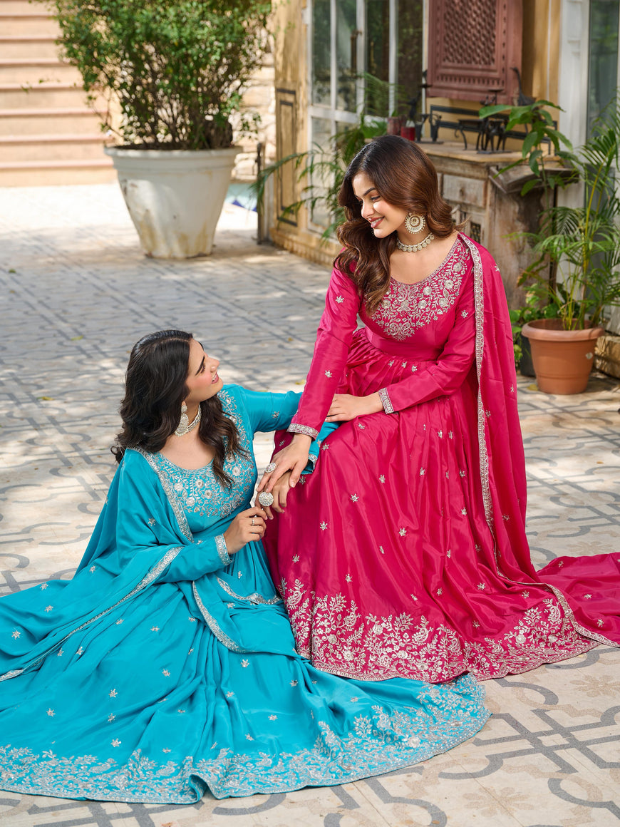 Designer American Silk Gown Set with Embroidery