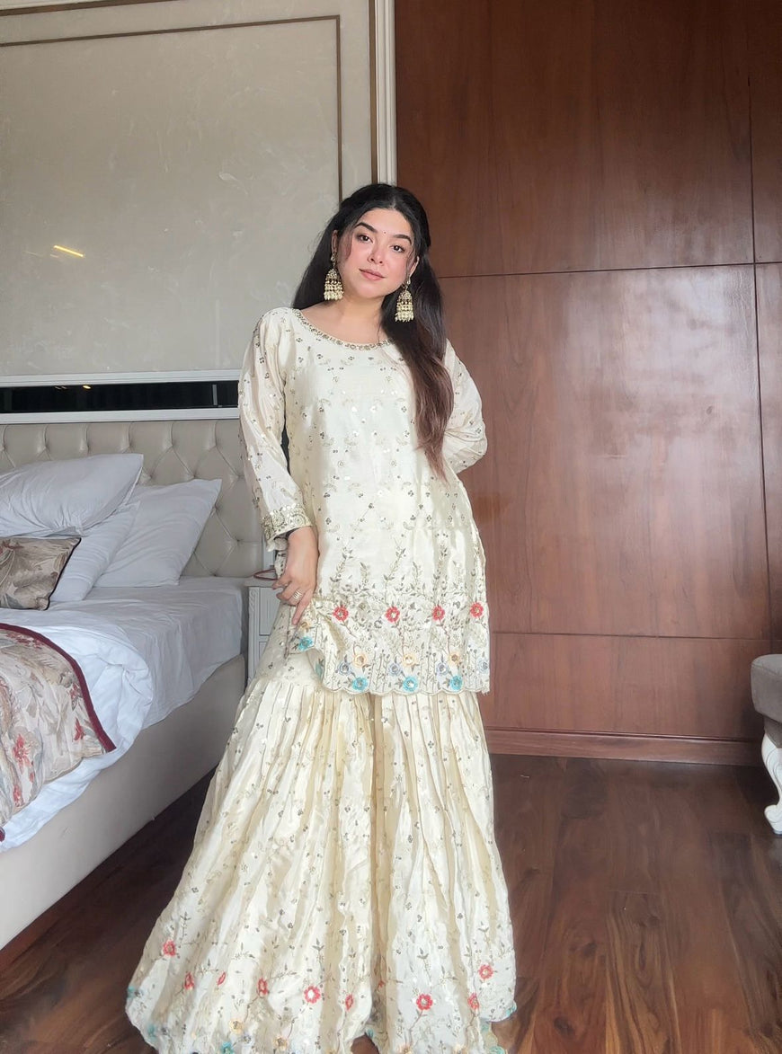 Ivory Chinon Embroidered Sharara Set with Dupatta