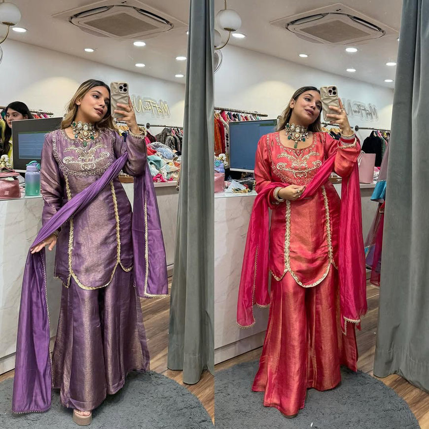 Designer Roman Silk Sharara Set with Embroidery