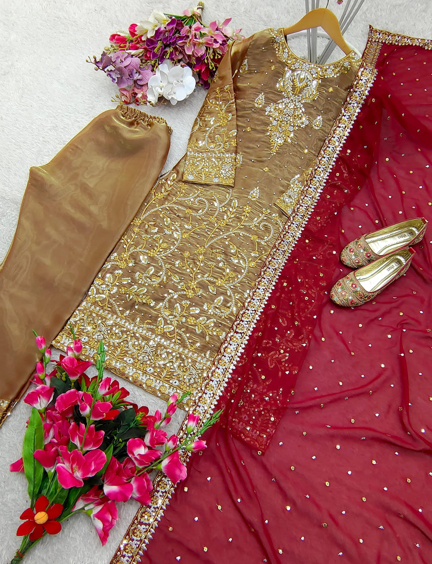 Zmy-Chu Silk Embroidered Top Pant Dupatta Set