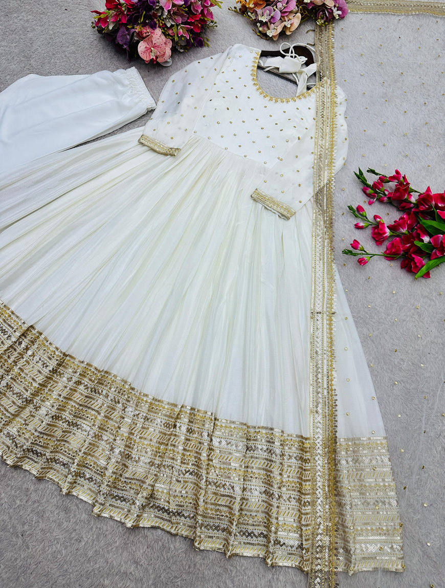 Cinon Silk Embroidered Gown Pant Dupatta Set