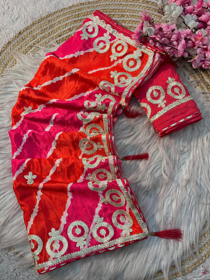 Soft Chinon Silk Lehriya Saree with Gota Work