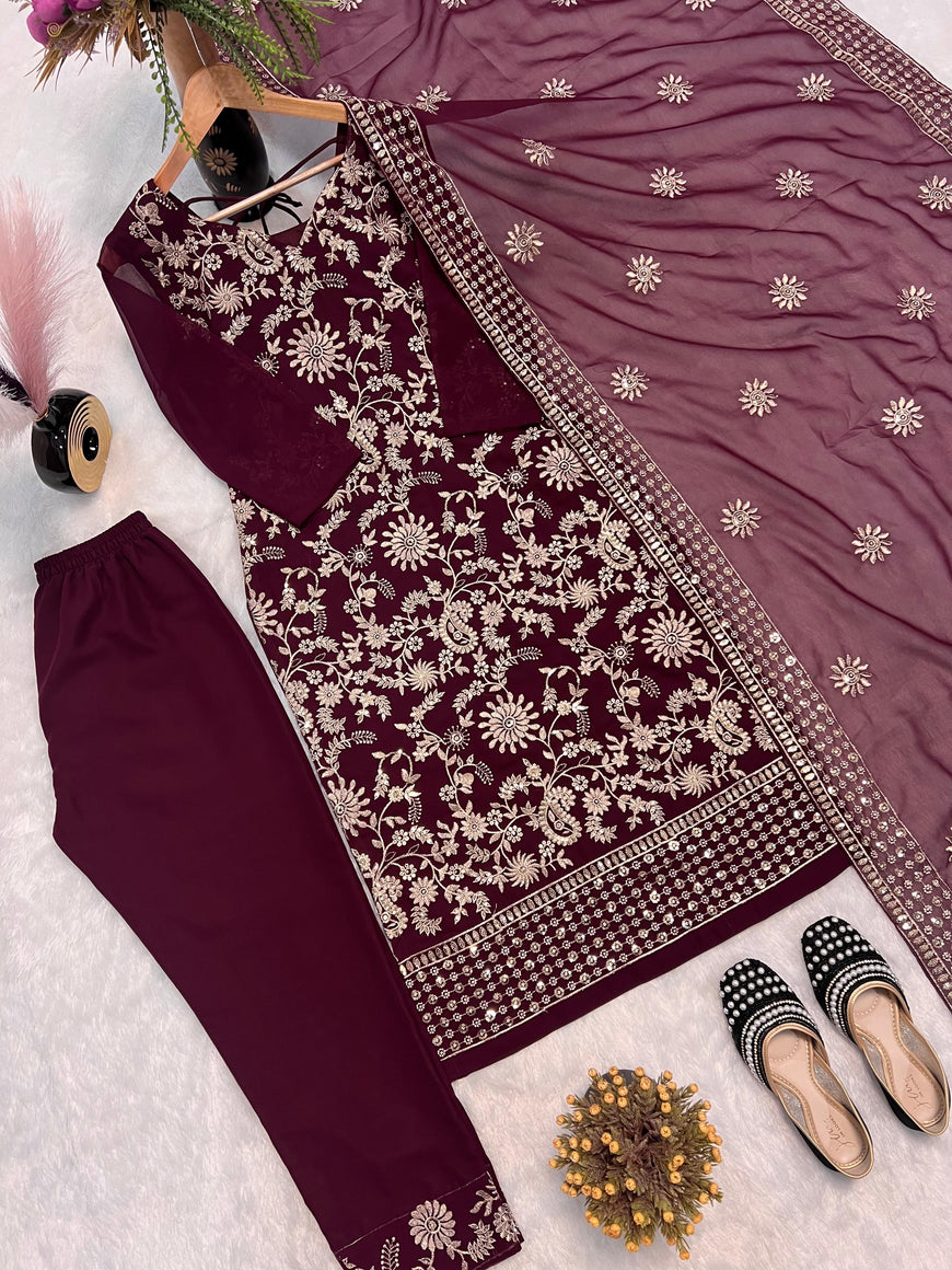Fancy Faux Georgette Sequence Embroidered Top Pant Set with Dupatta