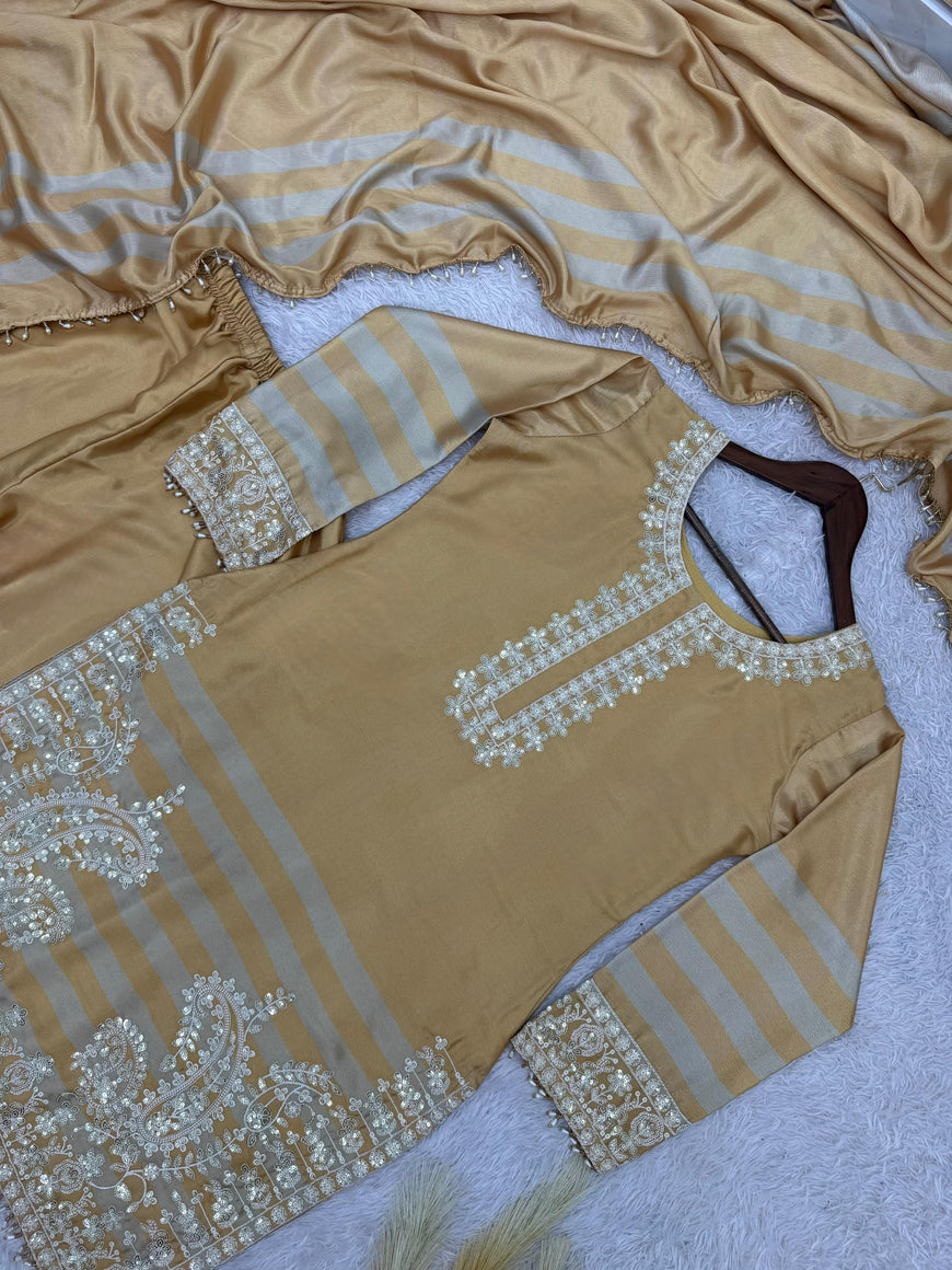 Embroidered Chinon Silk Top Plazzo Set with Dupatta