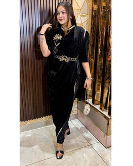 Indo-Western Embroidered Velvet Saree Set