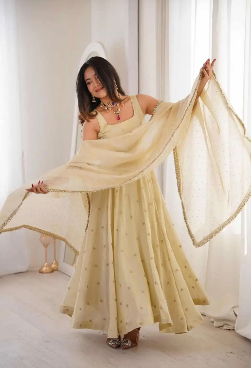 Designer Cosmos Gold Embroidered Gown Set (Code: 5325)