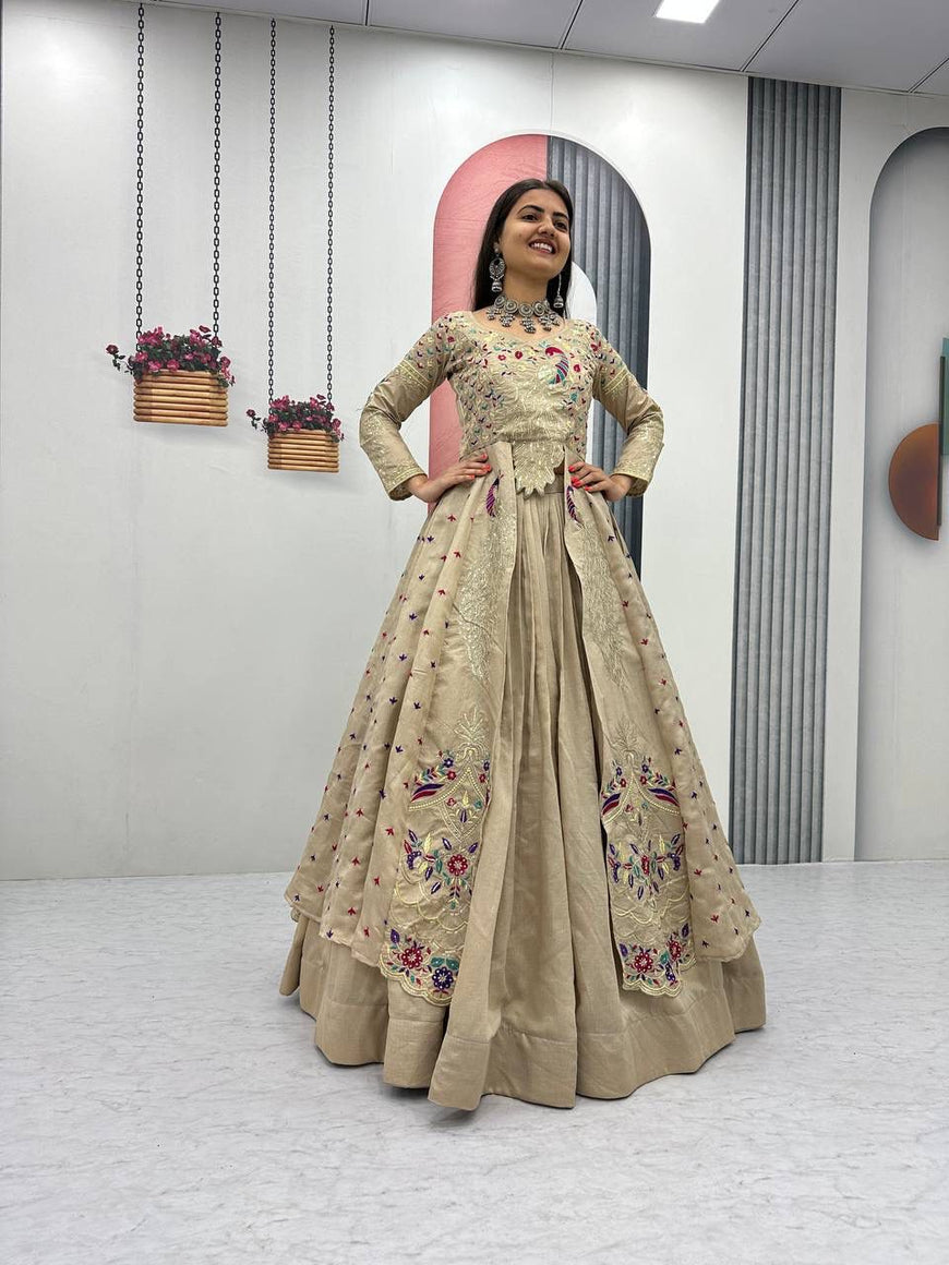 Pure Vichitra Embroidered Lehenga Set with Cups