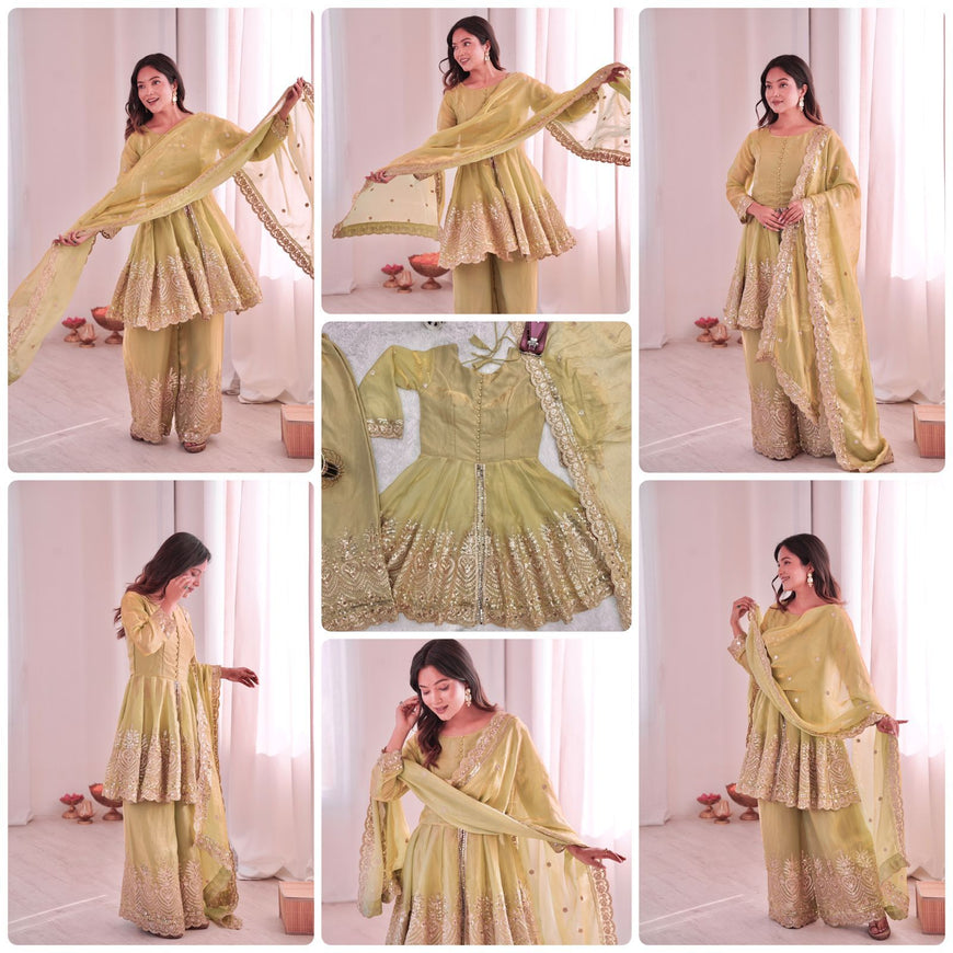 Designer Party Wear Fandy Silk Set with Mirror Work (Code: SSC-658)