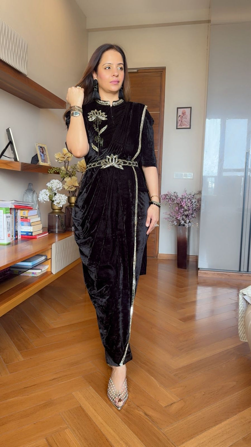 Indo-Western Embroidered Velvet Saree Set