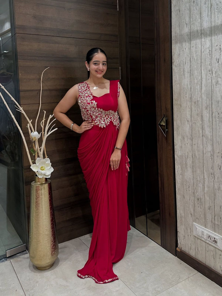 Ready to Wear Embroidered Rangoli Saree with Stitched Blouse