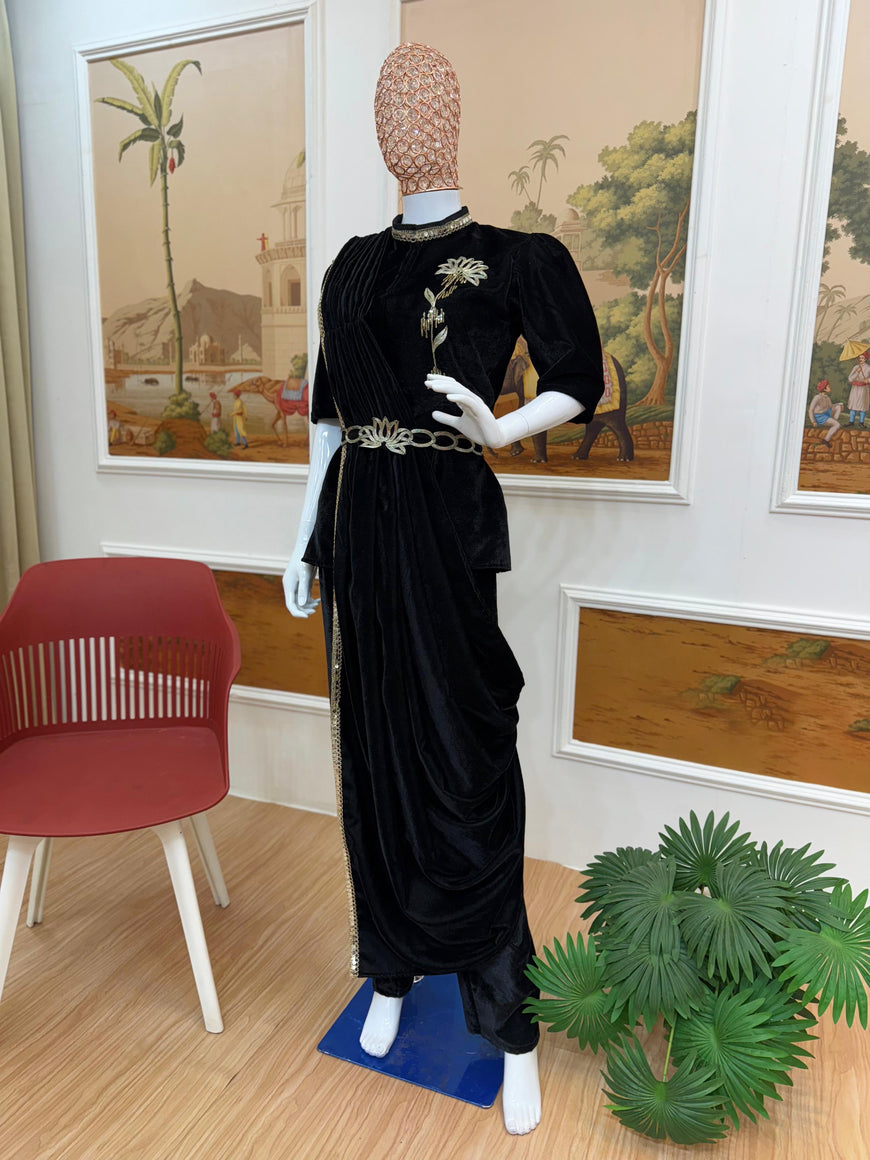 Indo-Western Embroidered Velvet Saree Set