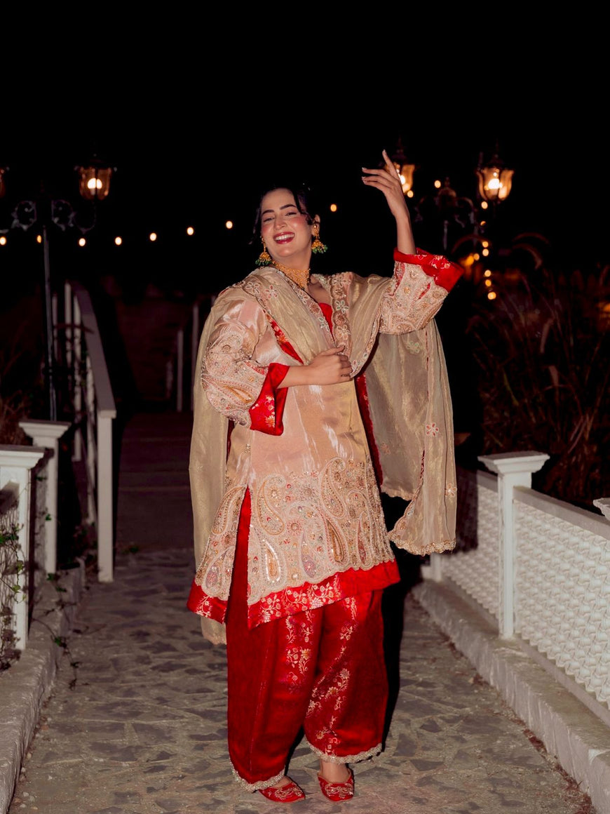 Pure Tissue Kurti Plazzo Set with Embroidered Dupatta