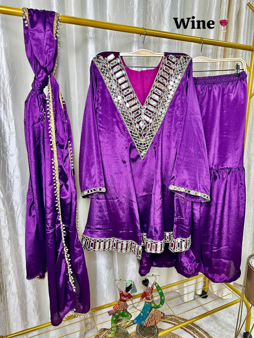 Designer Chinon Silk Peplum Dress with Gharara & Dupatta