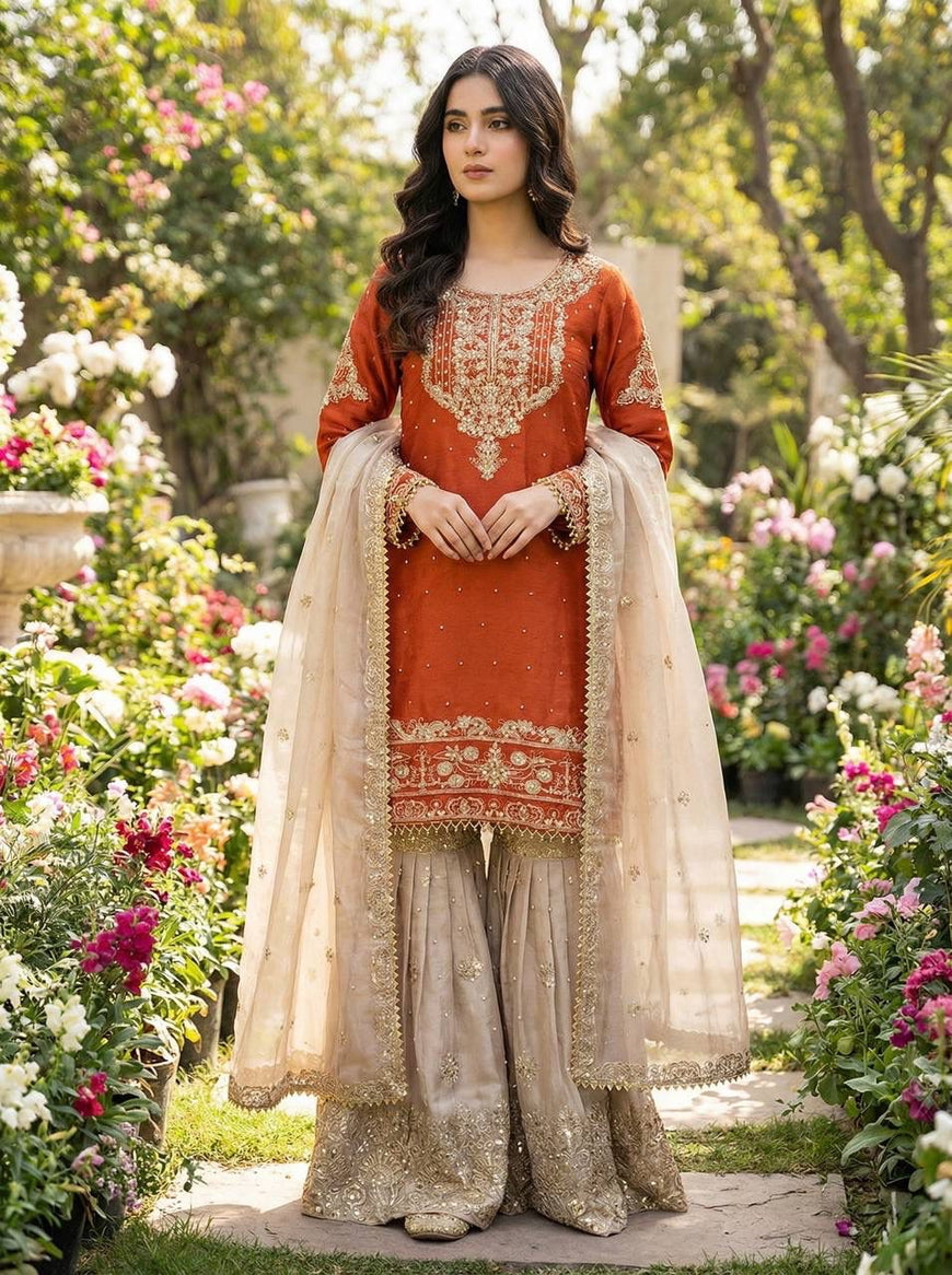 Designer GMY Silk Embroidered Top Plazzo Dupatta Set