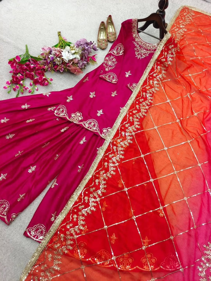 Designer Cinon Silk Top, Sharara & Dupatta Set