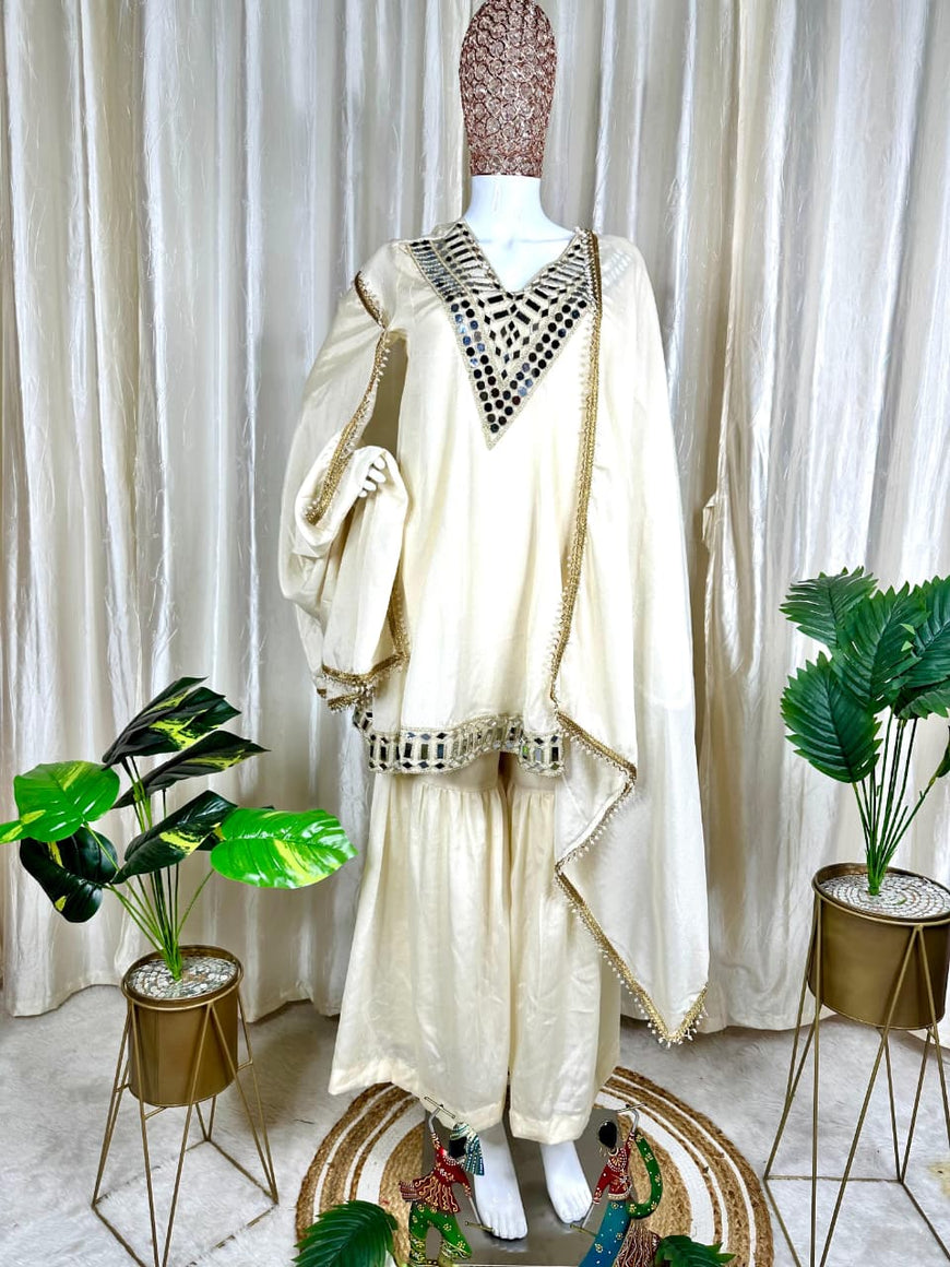 Designer Chinon Silk Peplum Dress with Gharara & Dupatta