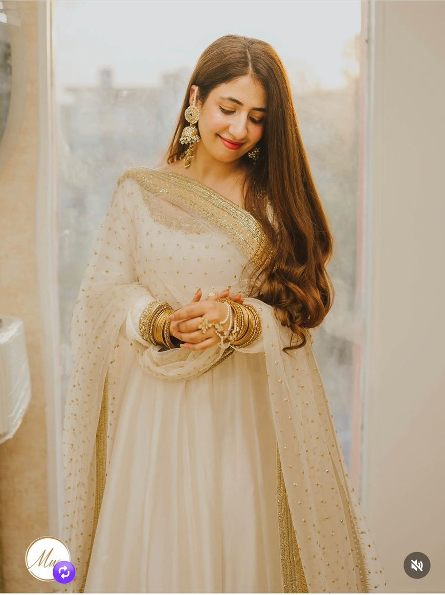 Cinon Silk Embroidered Gown Pant Dupatta Set