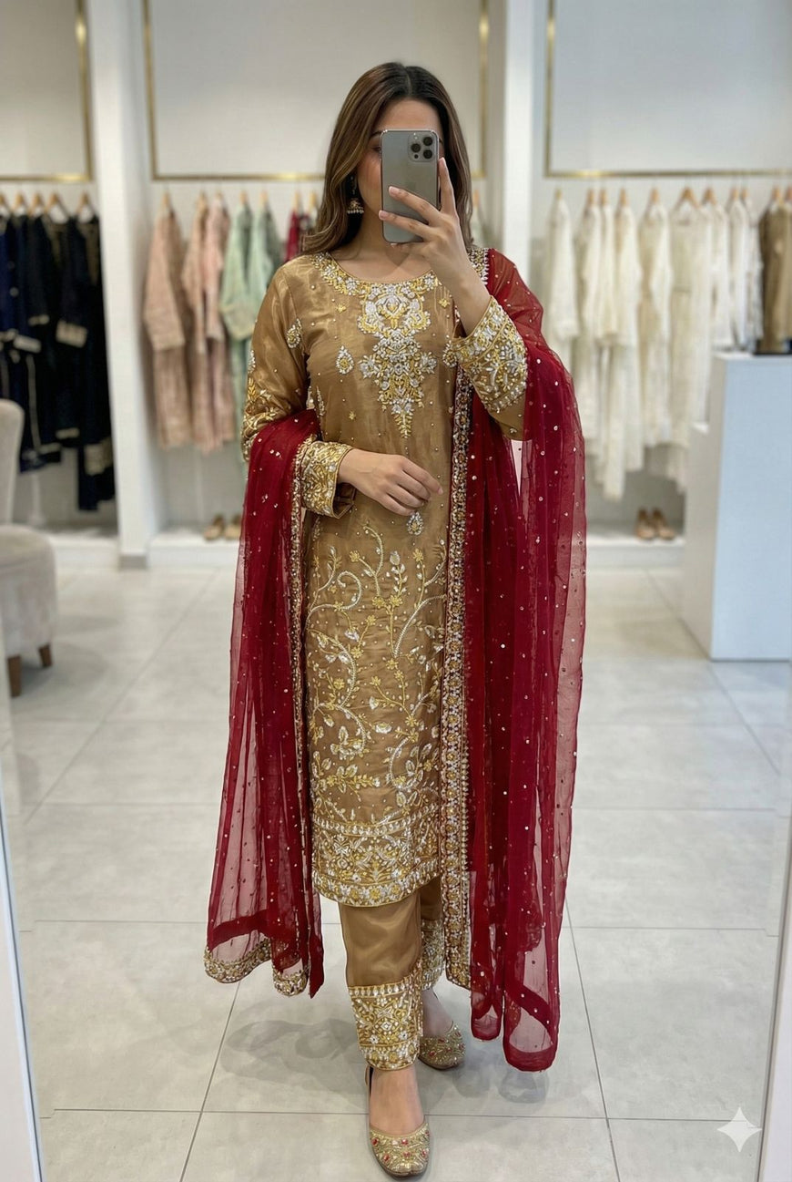 Zmy-Chu Silk Embroidered Top Pant Dupatta Set