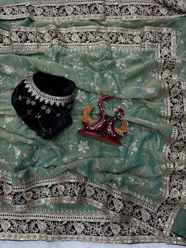 Moss Silk Saree with Sequence & Zari Embroidery