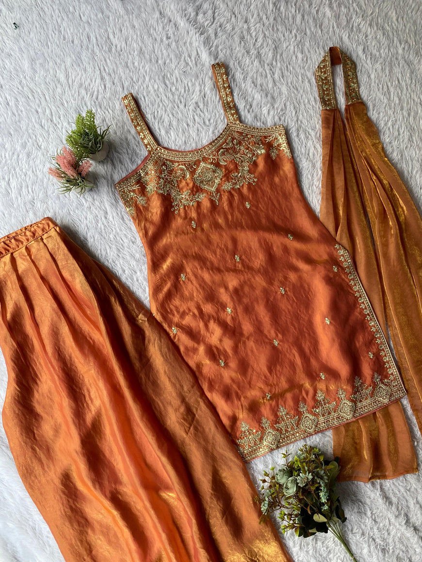 Zimmy Choo Sequence Embroidery Top Plazzo Dupatta Set