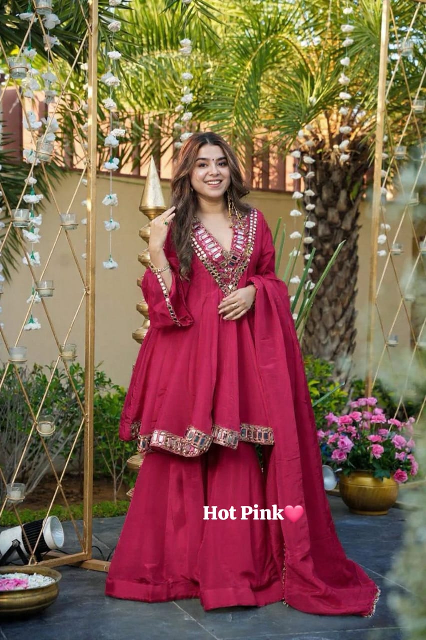 Designer Chinon Silk Peplum Dress with Gharara & Dupatta