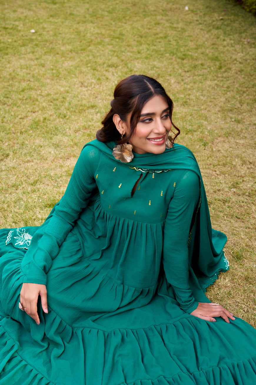 Flared Marble Fabric Anarkali Dress with Foil Work