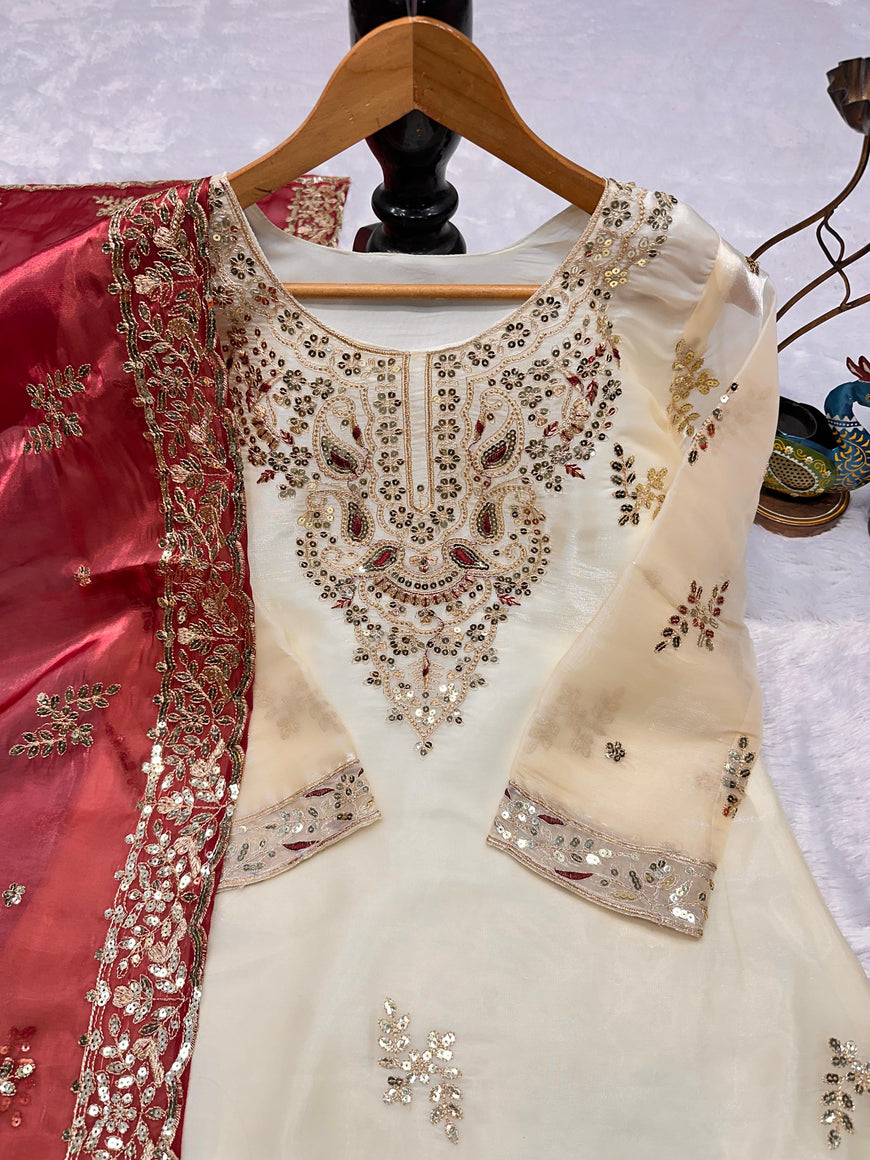 Designer Party Wear Top Plazzo Set with Embroidered Dupatta