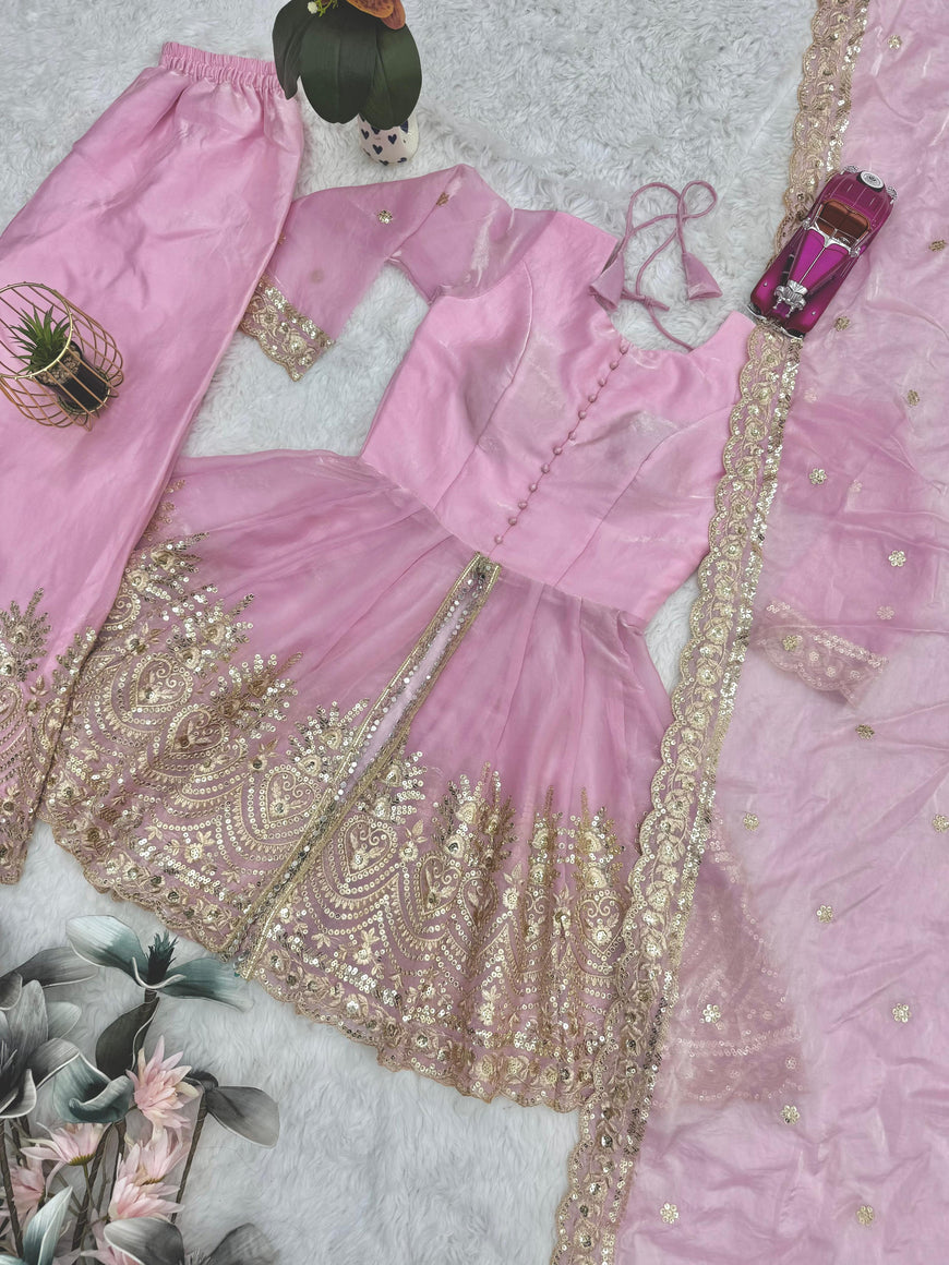 Designer Party Wear Fandy Silk Set with Mirror Work (Code: SSC-658)