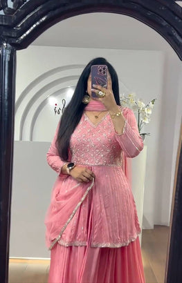 Embroidered Chinon Crop Top Lehenga Set