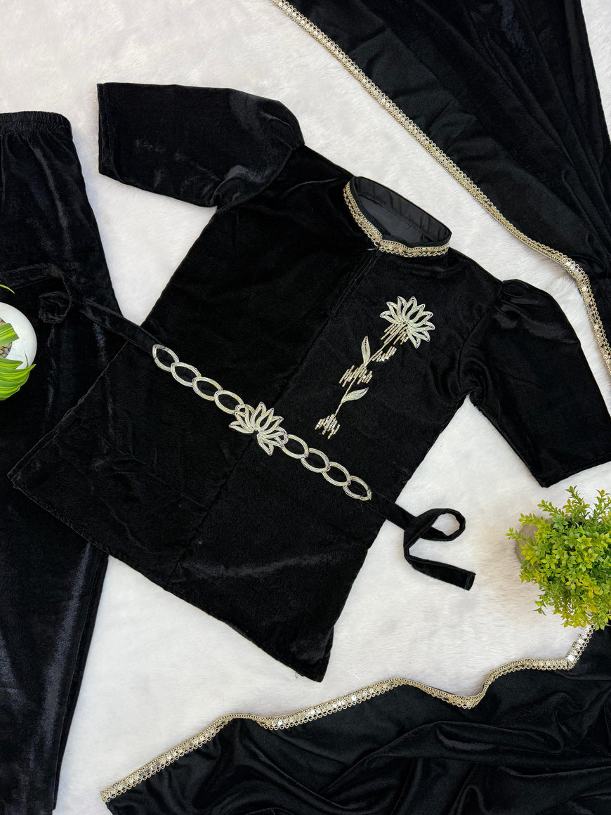 Indo-Western Embroidered Velvet Saree Set