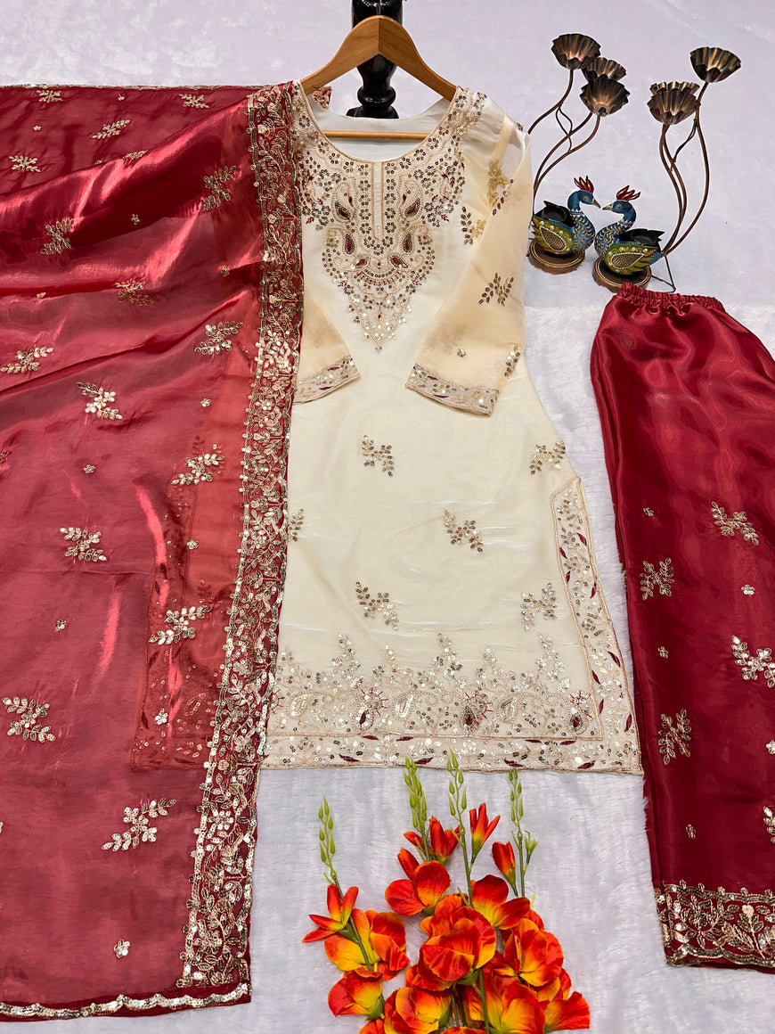 Designer Party Wear Top Plazzo Set with Embroidered Dupatta