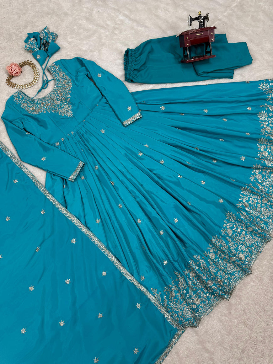 Designer American Silk Gown Set with Embroidery