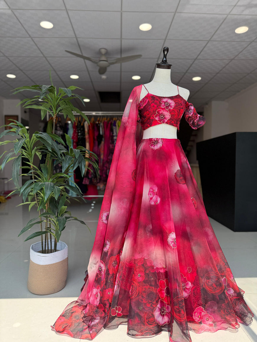 Exclusive Organza Digital Print Lehenga Set with Batwa Bag