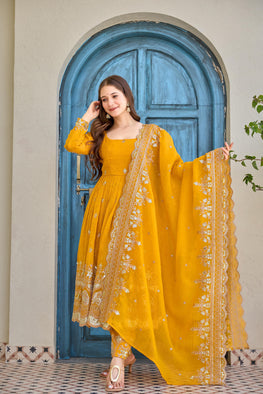 Designer Crunchy Silk Embroidered Anarkali Pant Set