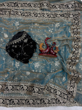 Moss Silk Saree with Sequence & Zari Embroidery