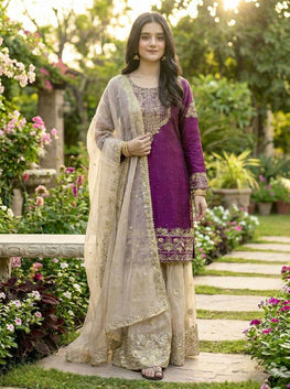 Designer GMY Silk Embroidered Top Plazzo Dupatta Set