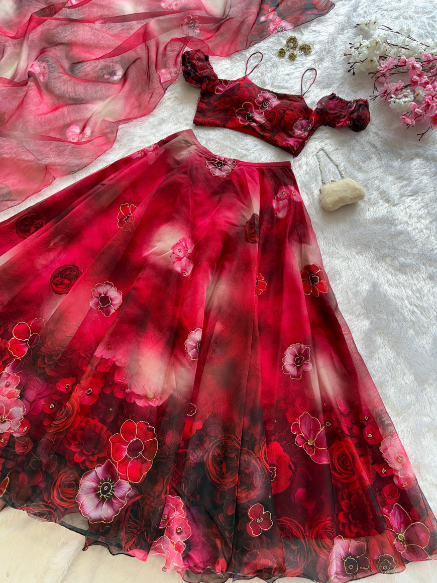 Exclusive Organza Digital Print Lehenga Set with Batwa Bag