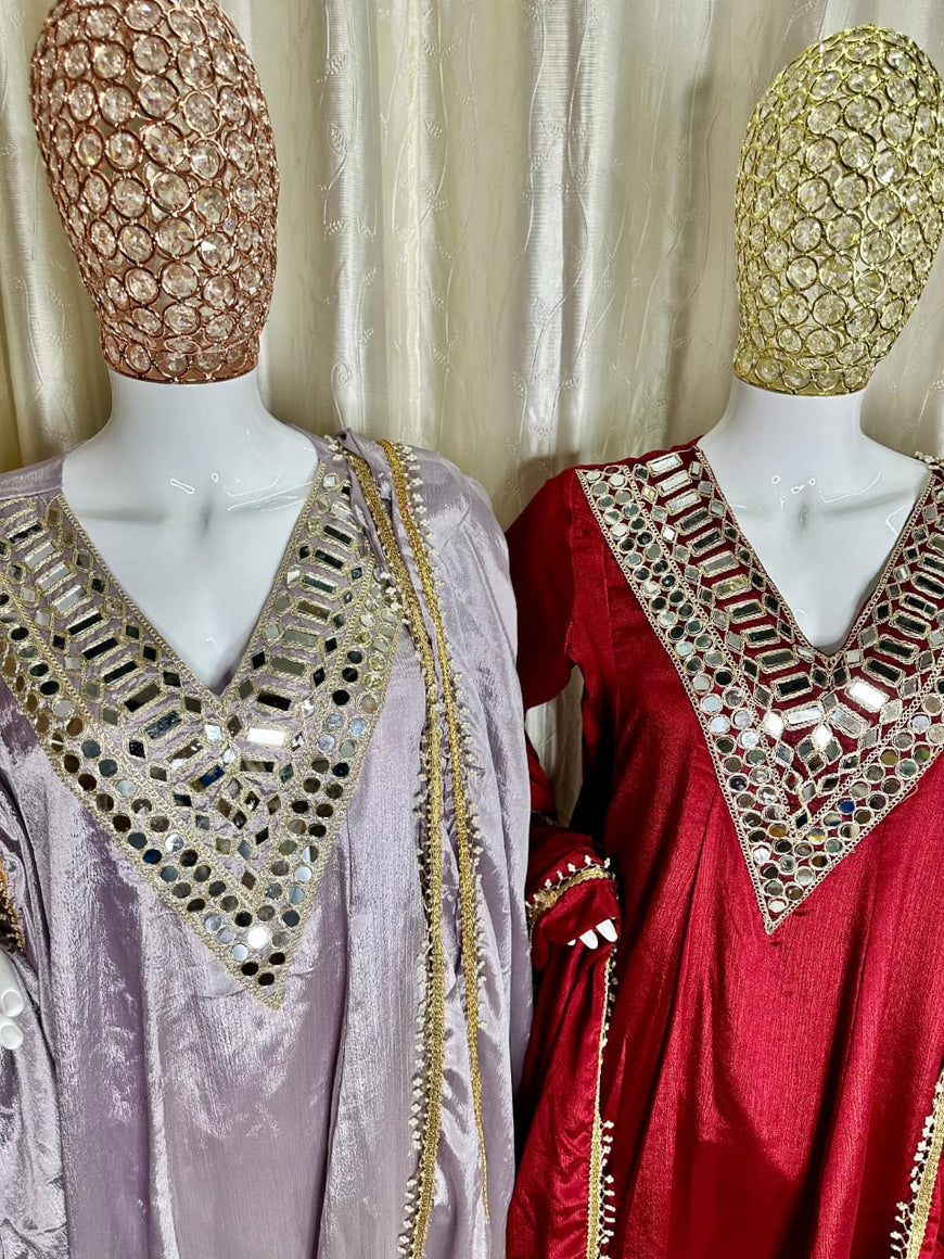 Designer Chinon Silk Peplum Dress with Gharara & Dupatta