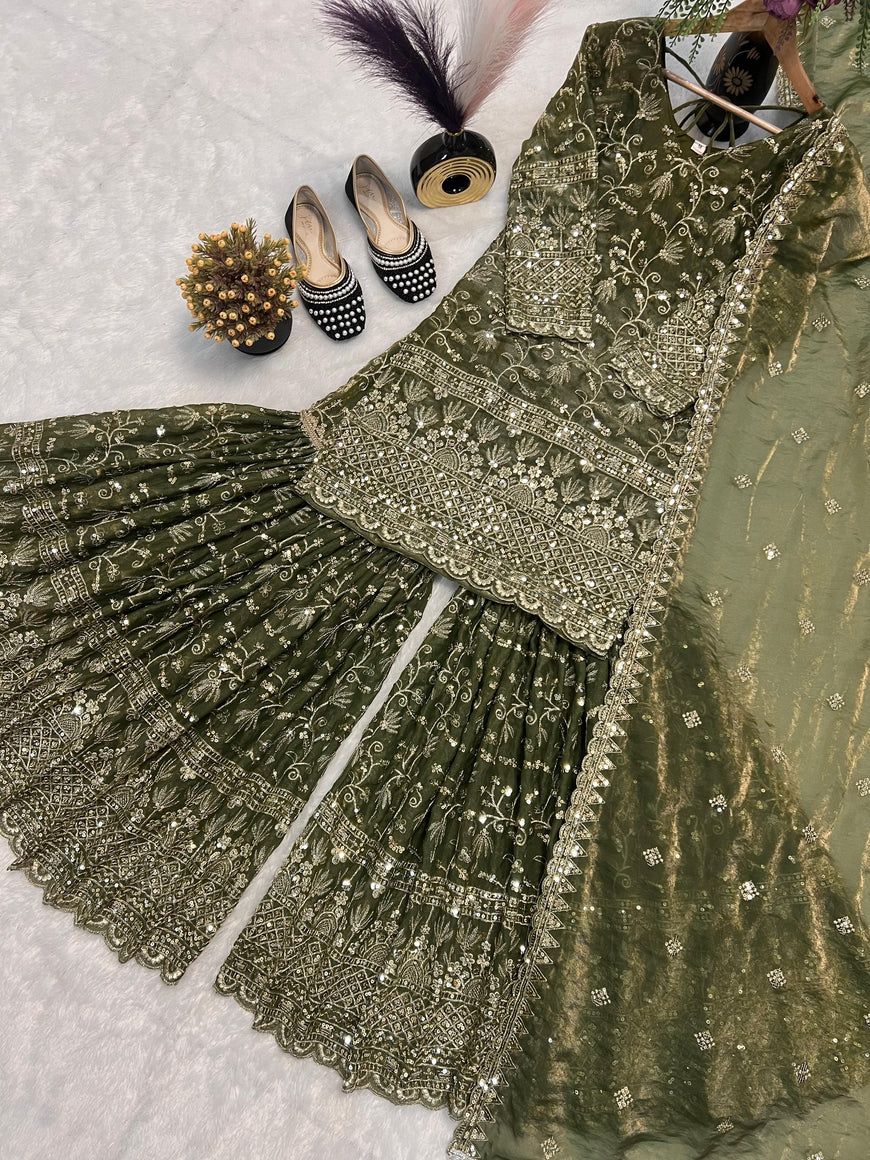 Designer Party Wear Top Sharara Palazzo Set with Dupatta