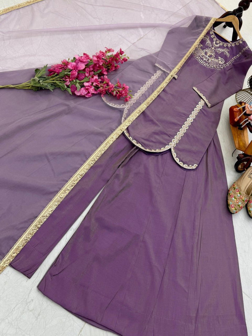 Designer Roman Silk Sharara Set with Embroidery