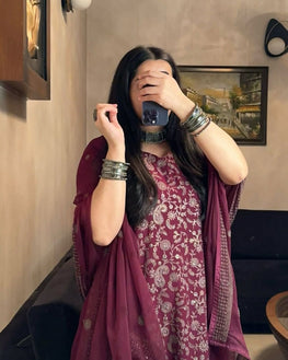 Fancy Faux Georgette Sequence Embroidered Top Pant Set with Dupatta