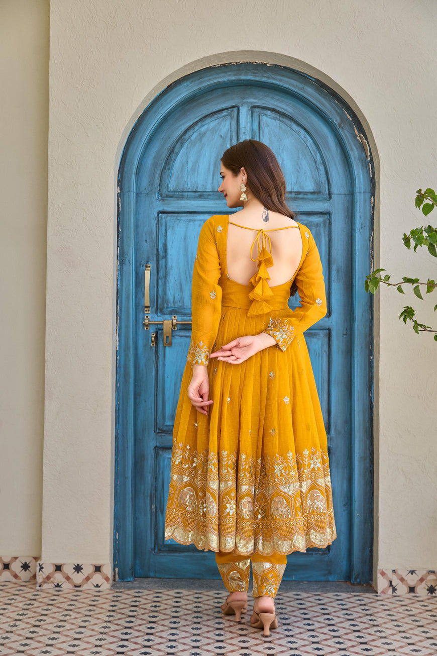 Designer Crunchy Silk Embroidered Anarkali Pant Set